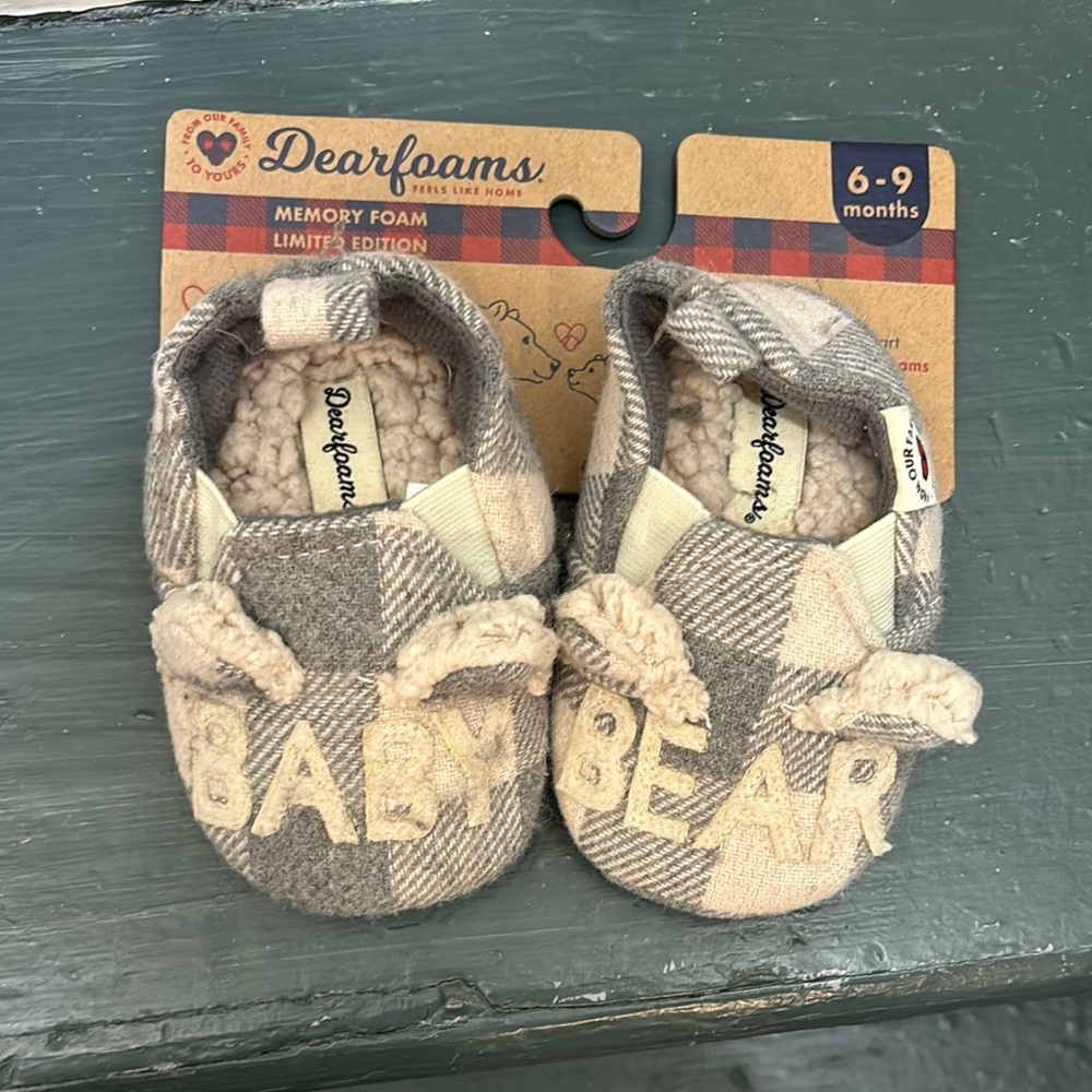 Dearfoams Baby Bear Plaid Kids Shoes - Cream and Gray